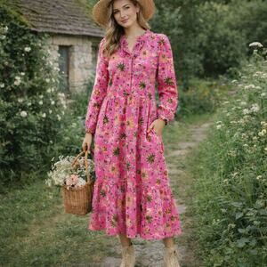 Olivia James The Label SZ M Cotton Rosie Dress Vintage Plum Long Sleeve Pockets